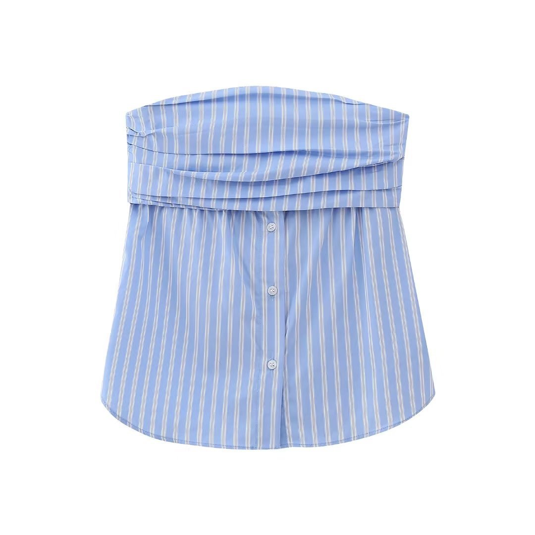 Spring New European Style Pleated Button Crop Top