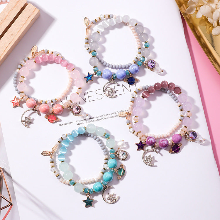 Multi-Layer Bracelet with Star, Moon, and Cat Eye Crystals