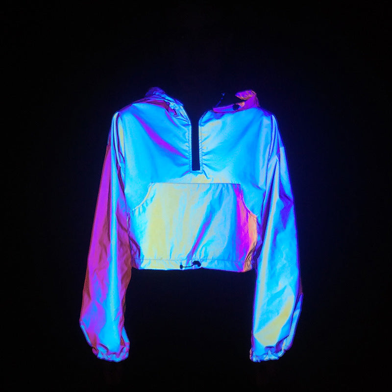 2024 Women's Colorful Reflective Hooded Jacket Crop Top