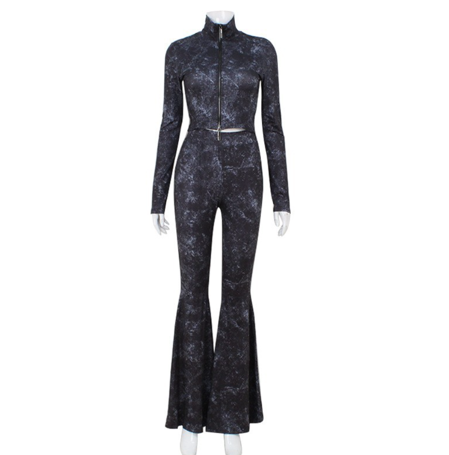 Zipper Crop Top & High Waist Bell-bottom Pants Set