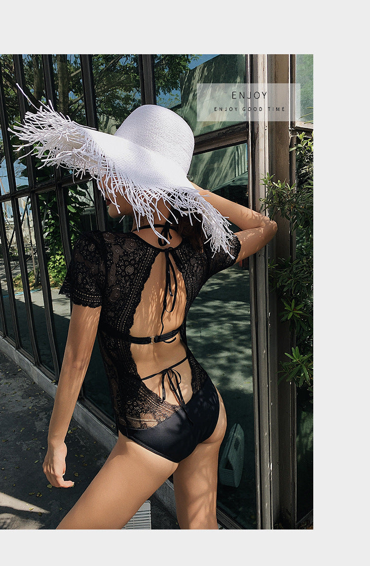 Women's Lace Deep-V Open-Back One-Piece Swimsuit