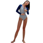 Korean Style Long Sleeve Color Block Backless Swimsuit