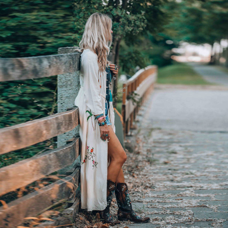 Embroidered Long Sleeve Sun Protection Beach Cover-Up