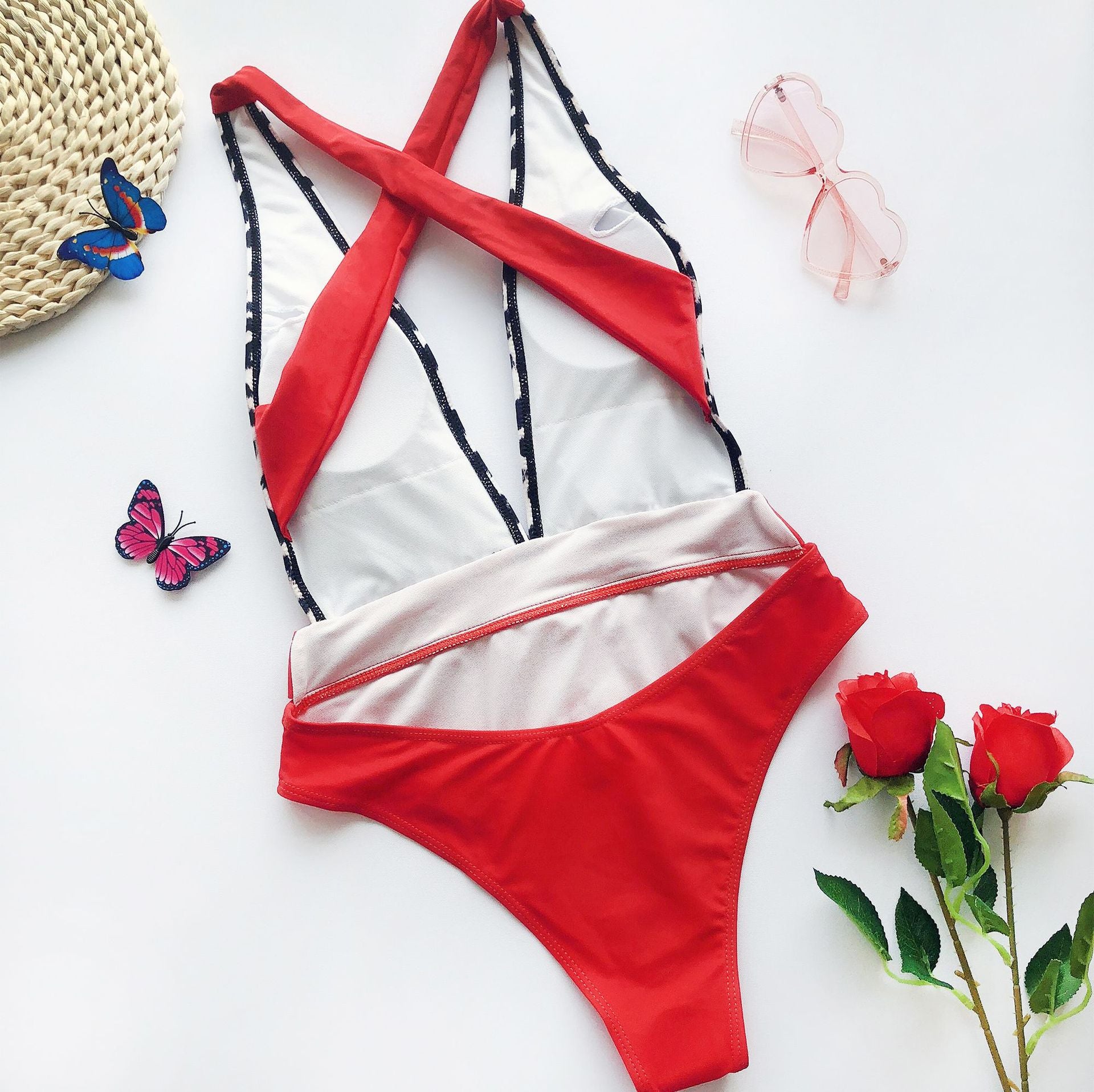Color Block Plunge One-Piece Swimsuit with Belt