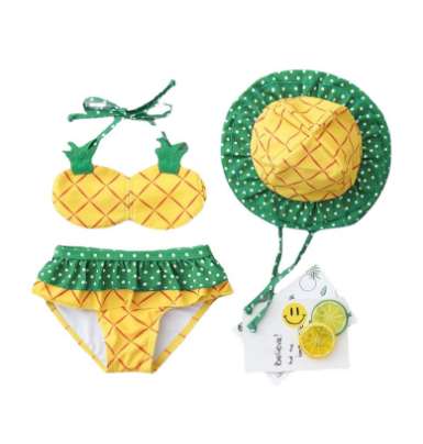 Girls Pineapple Print Ruffle Bikini Set with Sun Hat