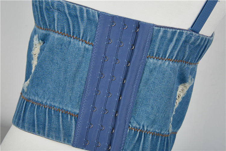 Korean Style Vintage Denim Crop Top for Women