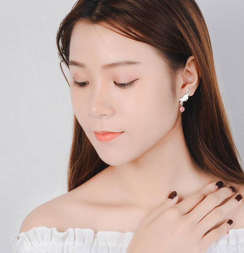 Silver Cat Tassel Stud Earrings with AAA Zircon