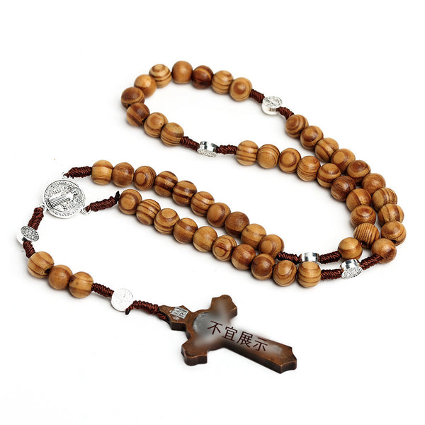 Wood Bead Cross Rosary Necklace Handmade Jewelry | Christian Jewelry