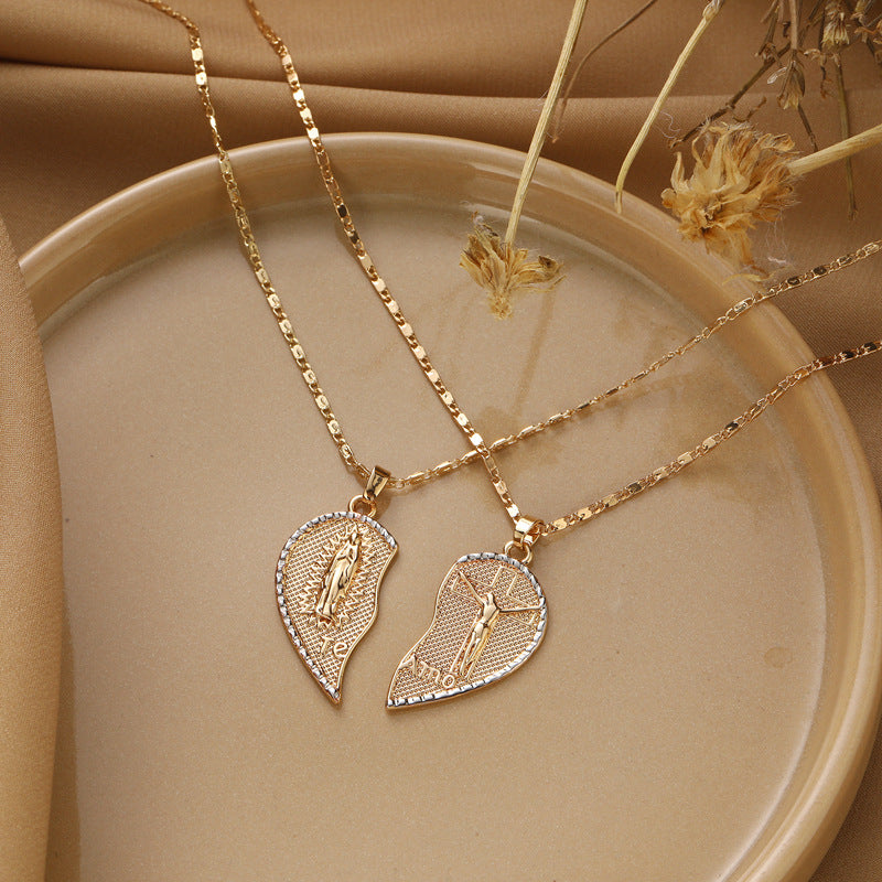 Gold Plated Two-Half Jesus Heart Pendant Necklace
