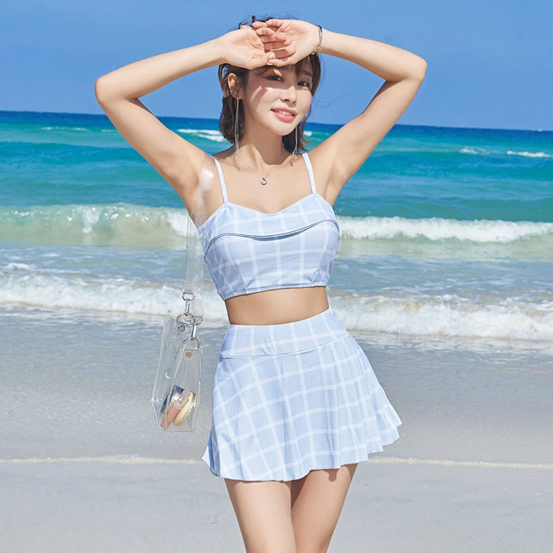 Plaid Crop Top and Swim Skirt Set