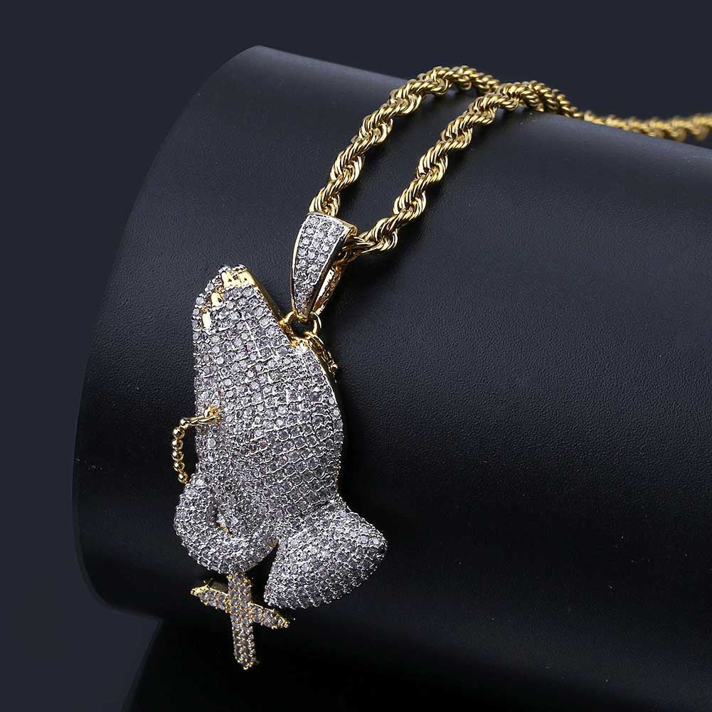 Vintage Cross Prayer Gesture Necklace with Zircon Stones