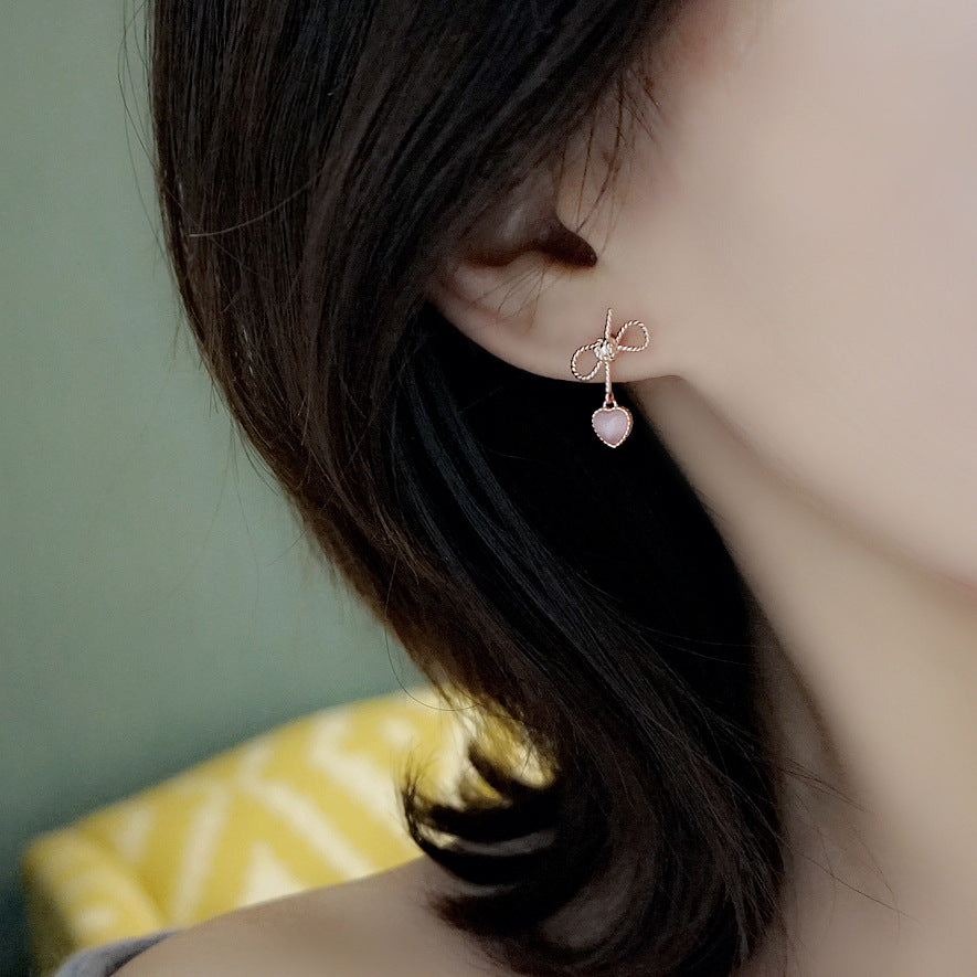 Silver Pink Heart Cat Eye Bow Earrings for Women