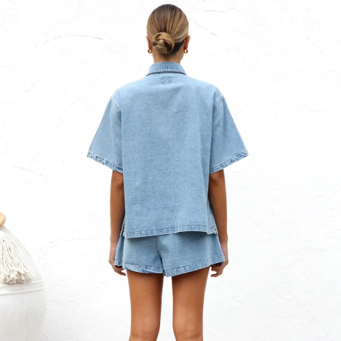Women's Casual Denim Shirt & Shorts Set