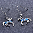 Animal-Themed Blue Opal Horse Earrings in Silver Boho Style