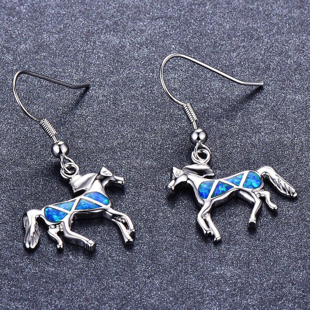 Animal-Themed Blue Opal Horse Earrings in Silver Boho Style