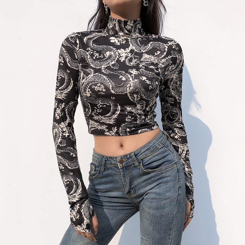 Dragon Print Long Sleeve Crop Top with High Neck