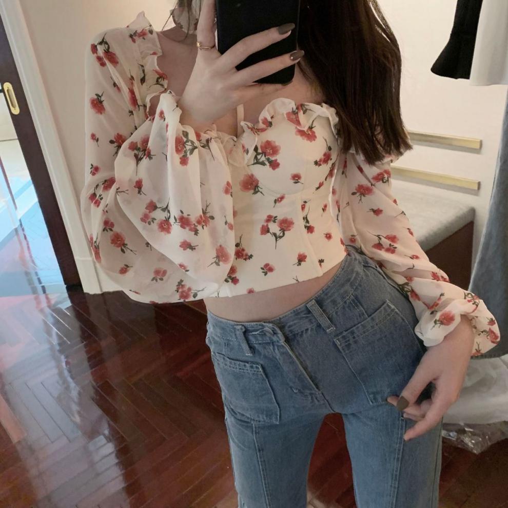 Women's Chiffon Printed Crop Top Long Sleeve Shirt