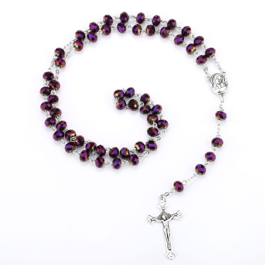 Catholic Beaded Necklace with Purple Glass Crucifix