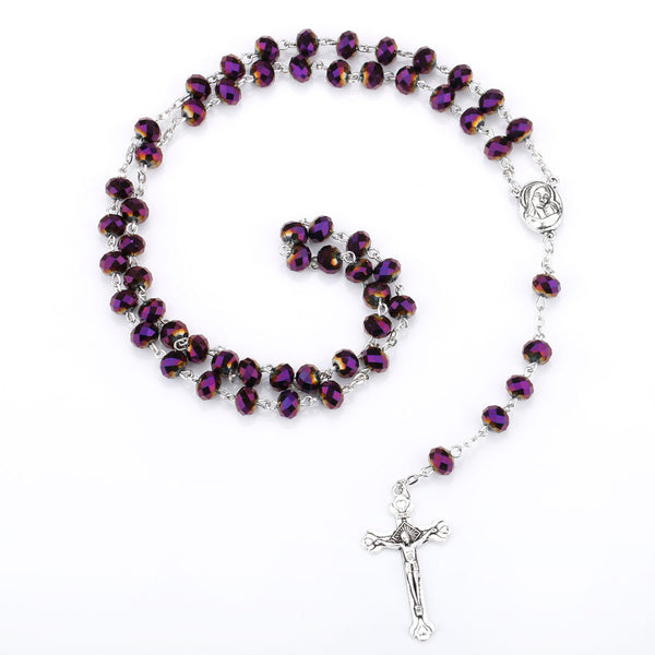 Catholic Beaded Necklace with Purple Glass Crucifix | Christian Jewelry