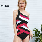 One-Shoulder Color Block Stripe One-Piece Swimsuit
