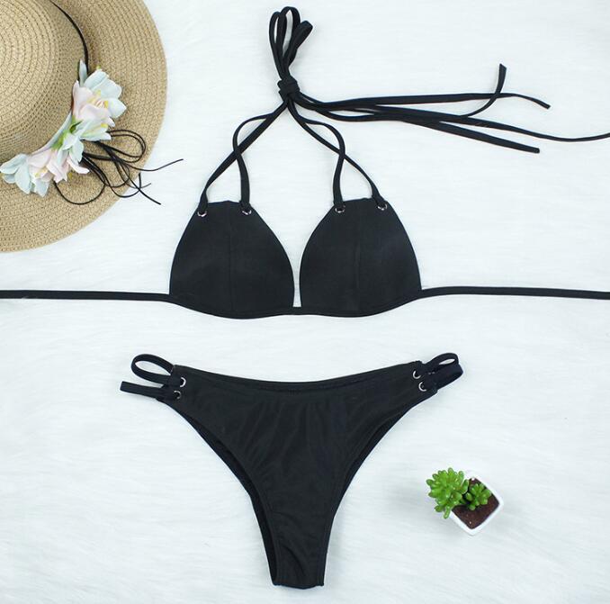 Solid Black Tie-String Halter Bikini Set