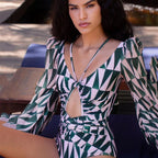 Long-Sleeve Tropical Print One-Piece Swimsuit