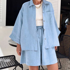 Women's Fashion Casual Loose-fitting Solid Color Long Sleeves Shorts Suit