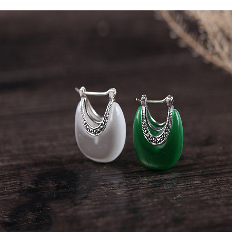 Silver Vintage Cat Eye Stone Earrings (Genuine)