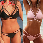 Pink Strappy Lace-Up Triangle Bikini Set