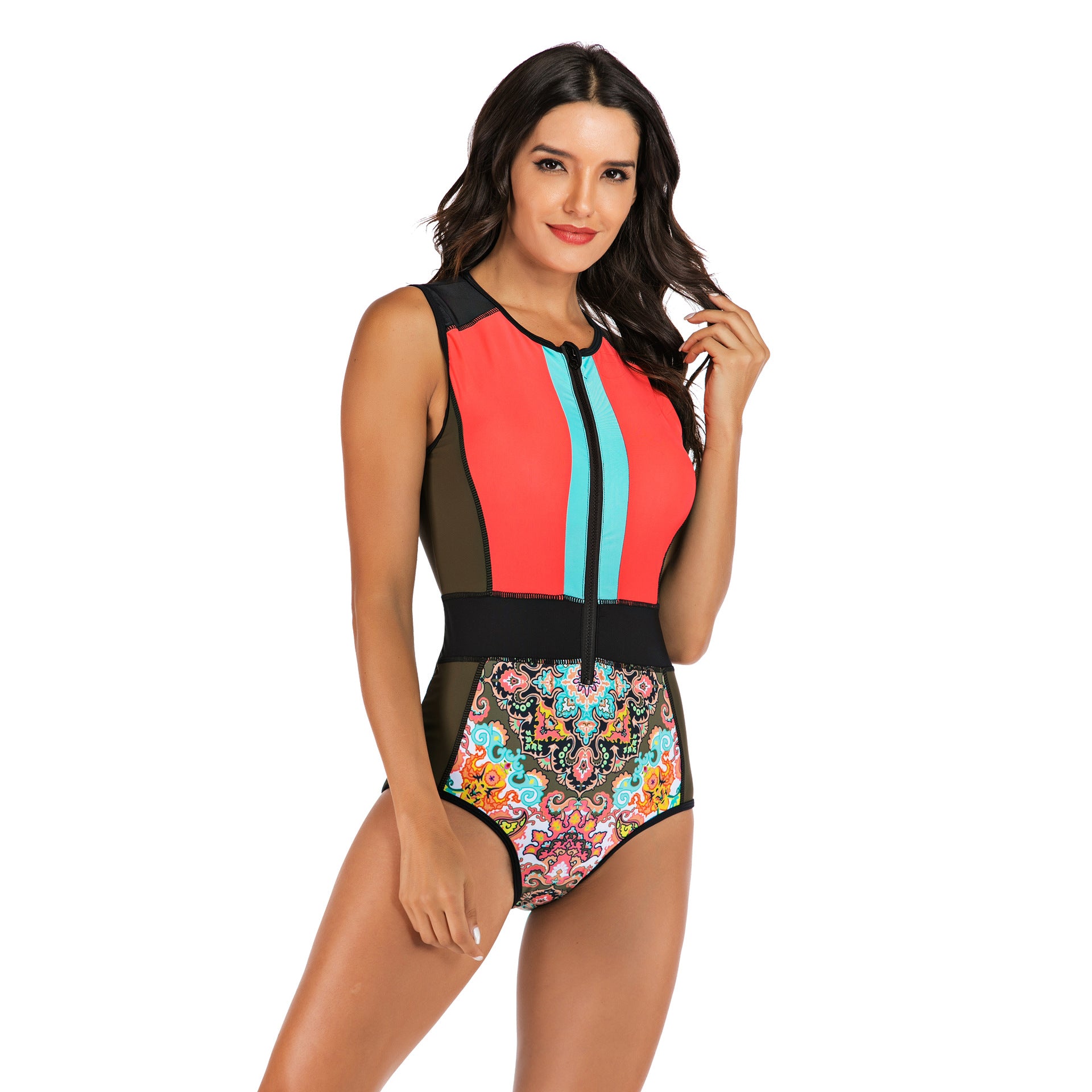 Colorblock Zip-Front Sleeveless Surf Swimsuit