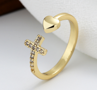Cross Heart Adjustable Ring with Rhinestones (Fashion)