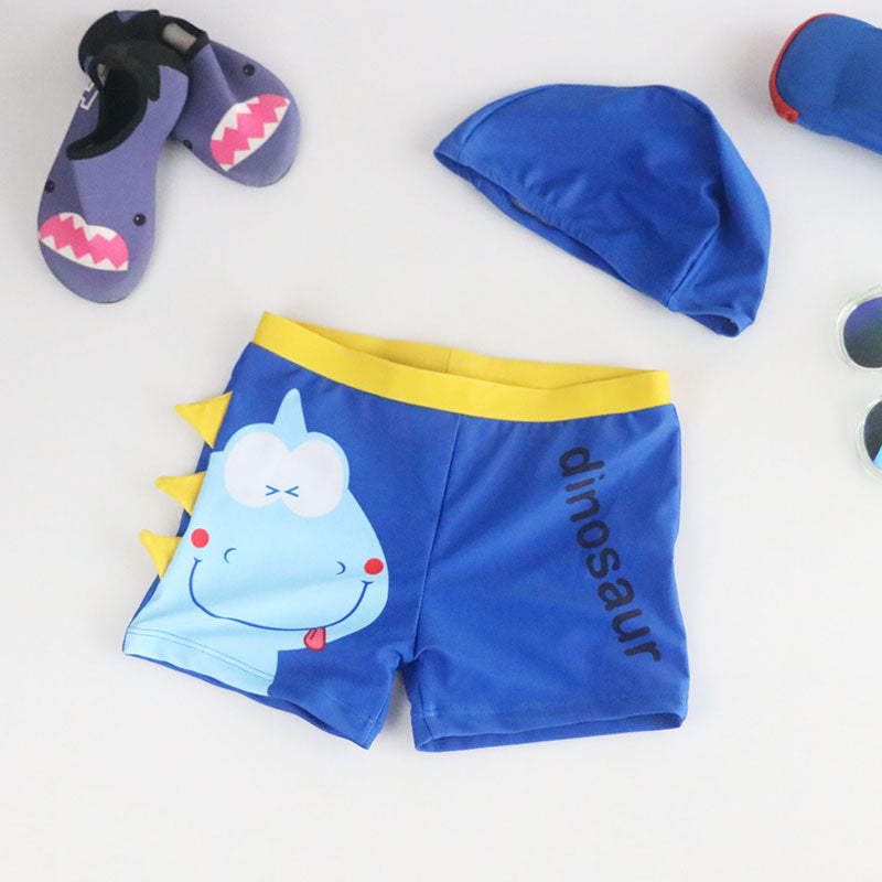 Boys Cartoon Dinosaur Swim Trunks and Cap Set