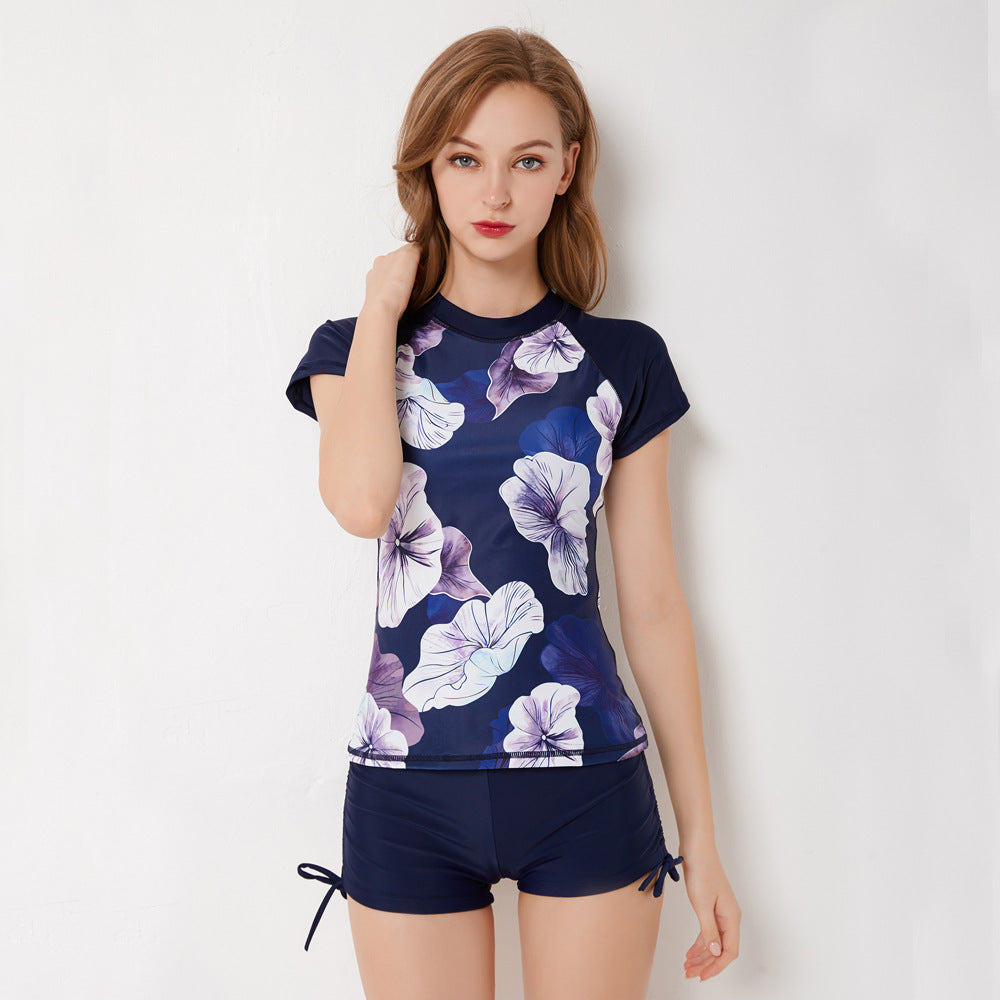 Women's Floral Short-Sleeve Rash Guard Swim Set