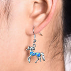 Animal-Themed Blue Opal Horse Earrings in Silver Boho Style