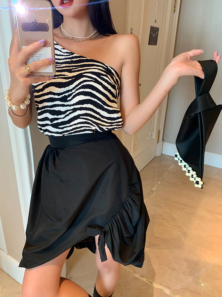 Zebra Print Women's One-Shoulder Tank Top
