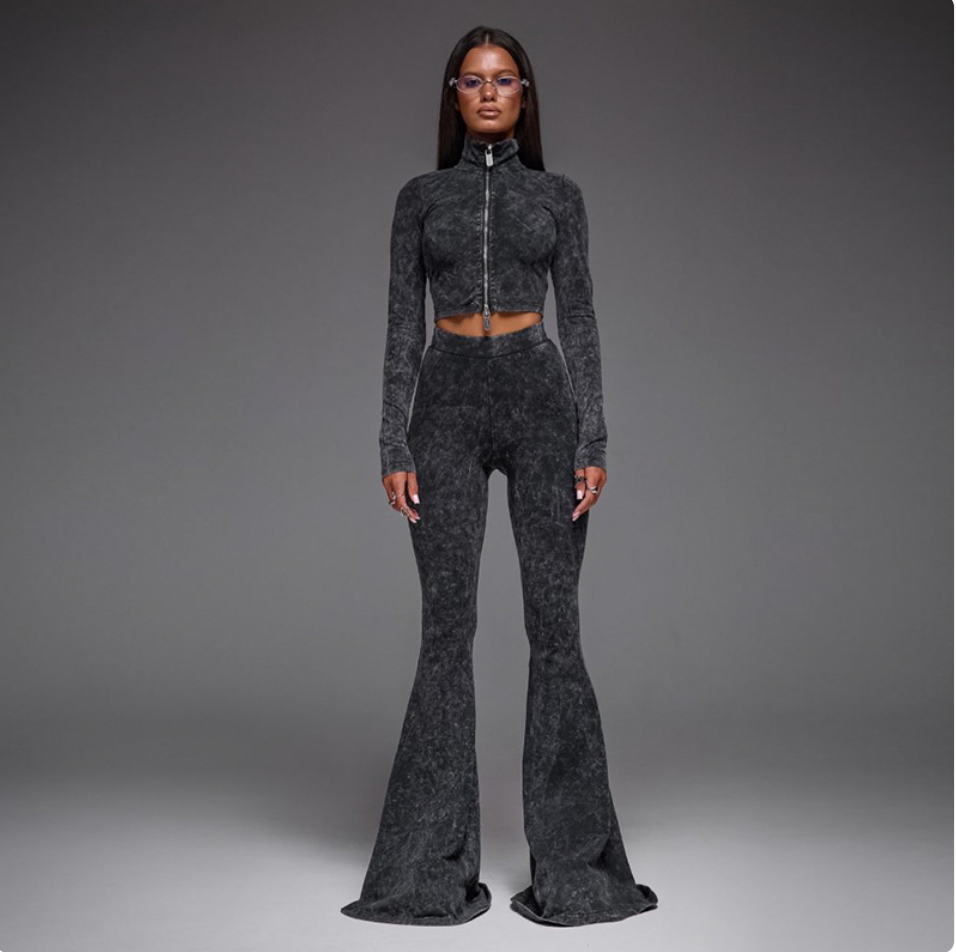 Zipper Crop Top & High Waist Bell-bottom Pants Set