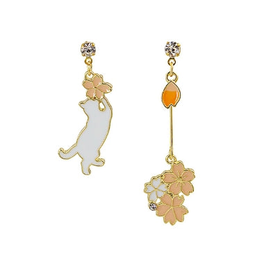 Japanese Cat Cherry Blossom Enamel Clip-On Earrings