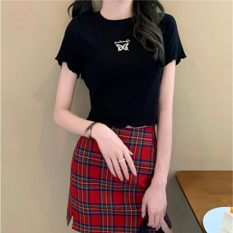 Embroidered Butterfly Short Sleeve Crop Top for Women