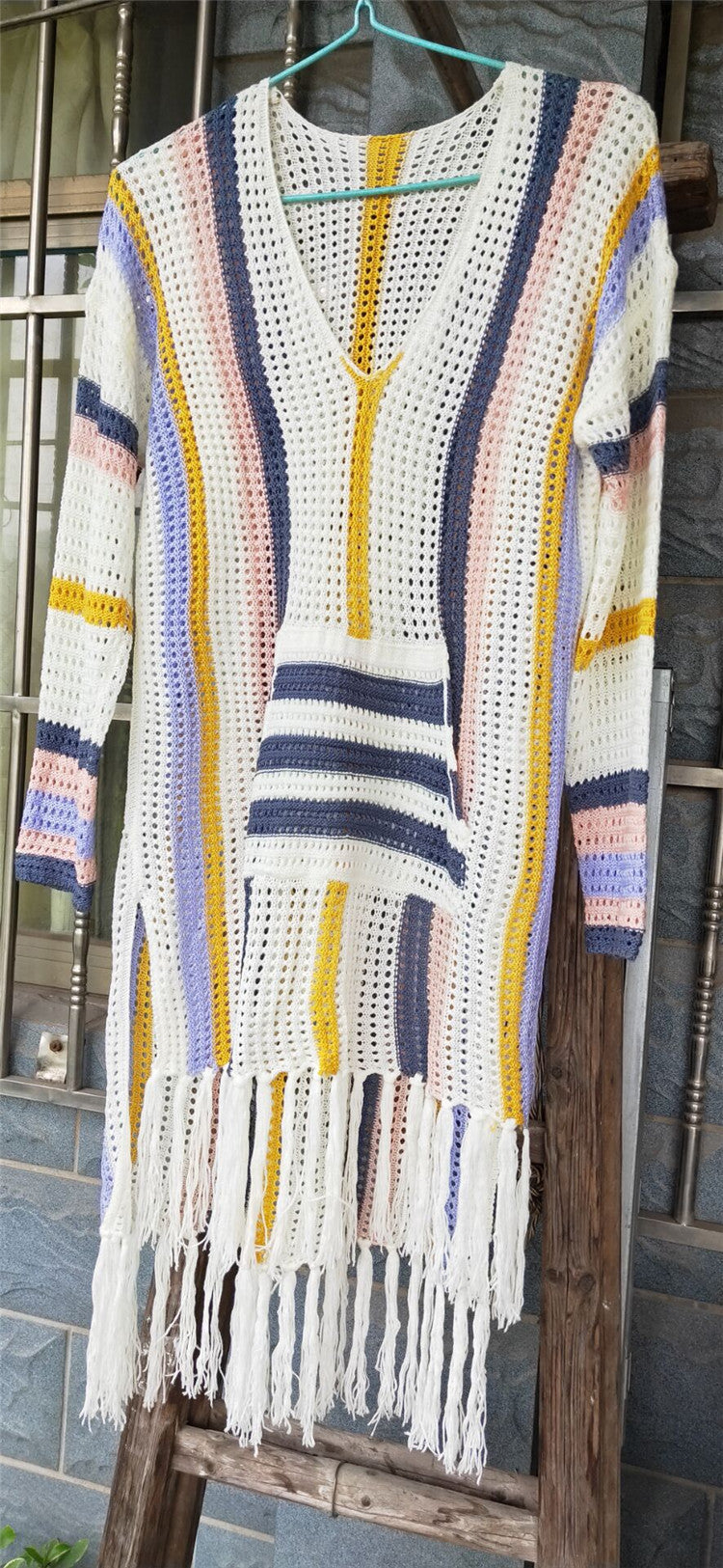 Knit Fringe Hollow Stripe Beach Dress and Cover-Up