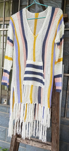 Knit Fringe Hollow Stripe Beach Dress and Cover-Up