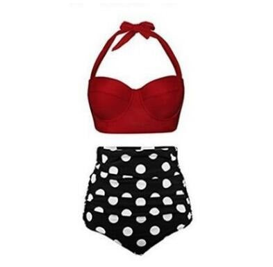 Retro Halter Top with Floral High-Waist Bikini Bottom
