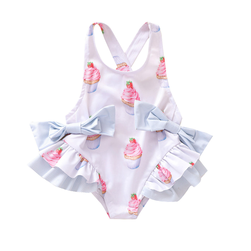 Baby Girl Cupcake Print Ruffle Bow Swimsuit