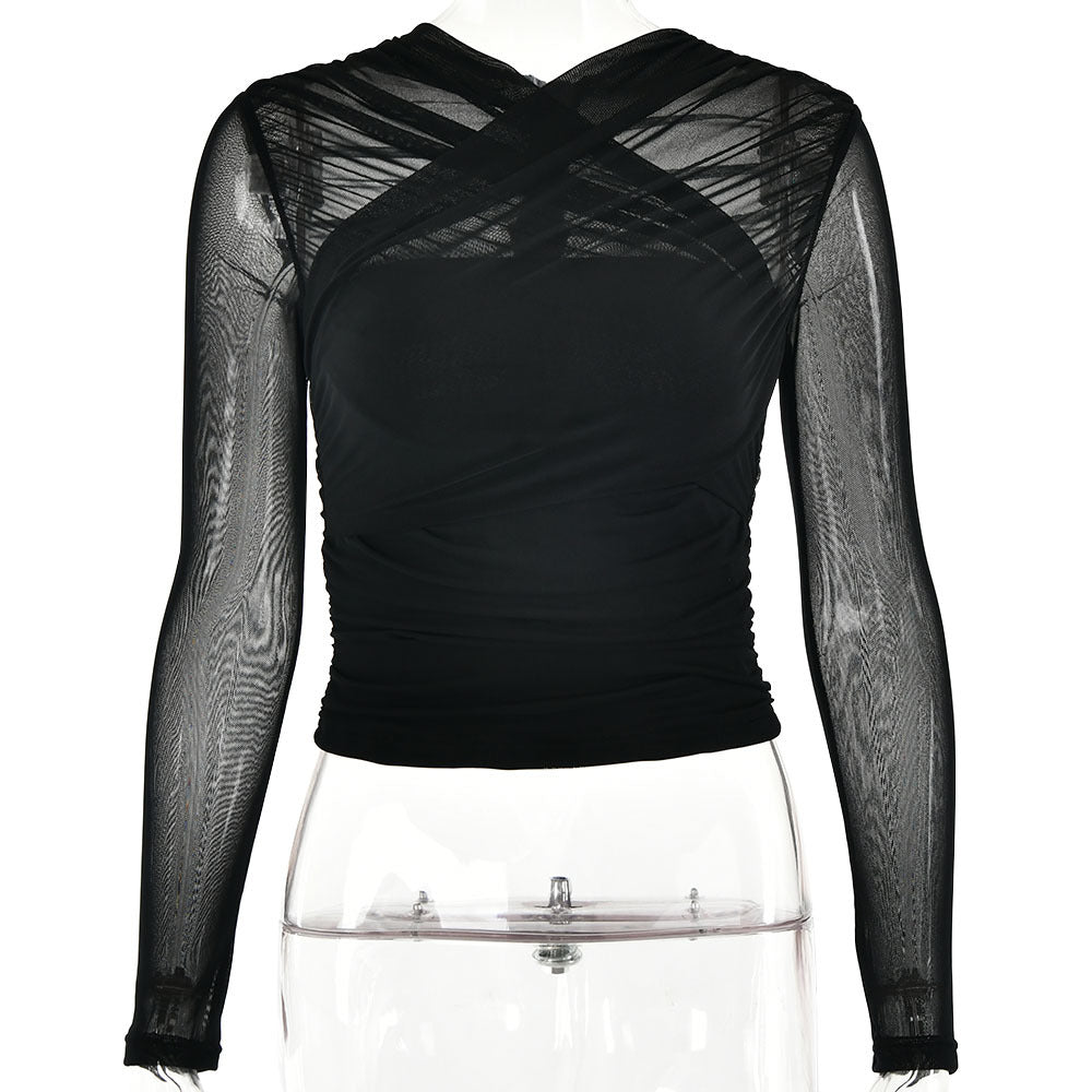 2023 Fashionable Sheer Mesh Zip Crop Top for Women