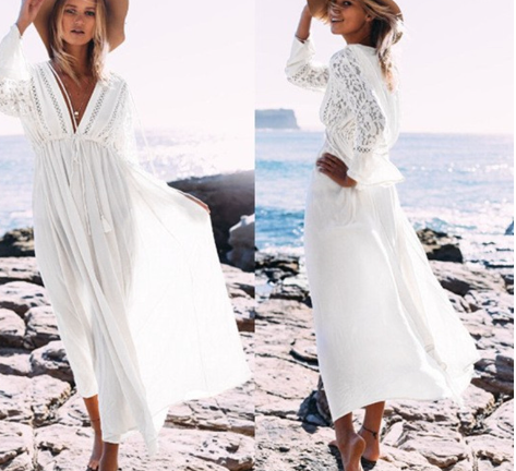 Cotton Lace Button Beach Cover-Up Dress