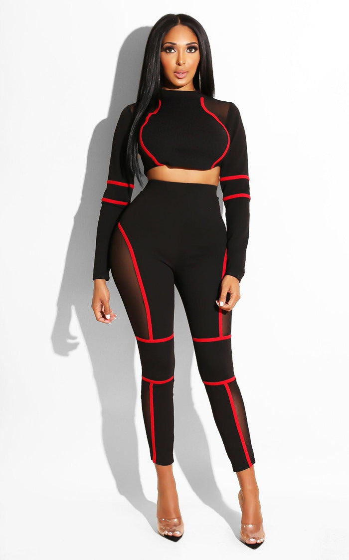Mesh Panel Sexy Crop Top and High-Waisted Leggings Set