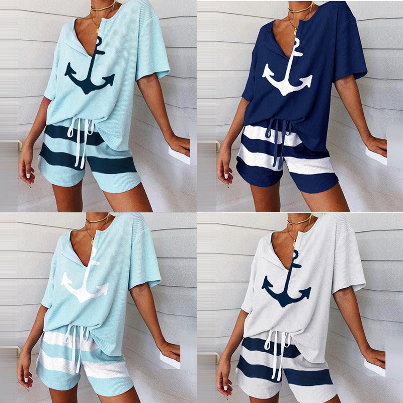 2021 Women's V-Neck Anchor Print Top and Shorts Set
