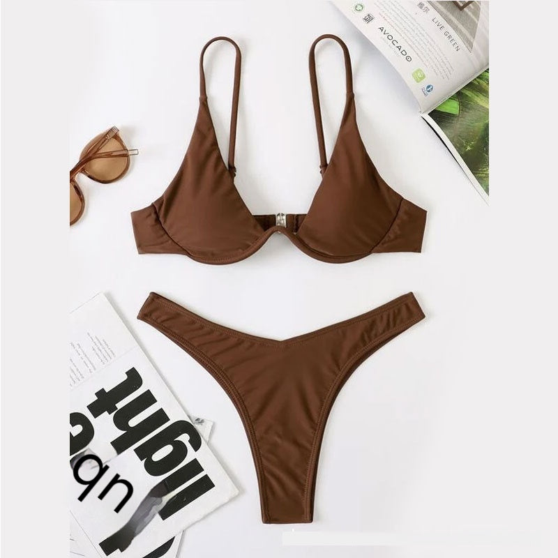 Two-Piece Steel Bracket Solid Color Bikini Swimsuit