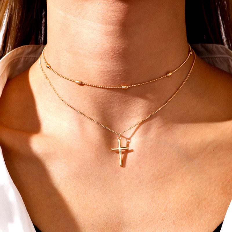 Stylish Cross Pendant Necklace with Geometric Layered Chain | Christian Jewelry
