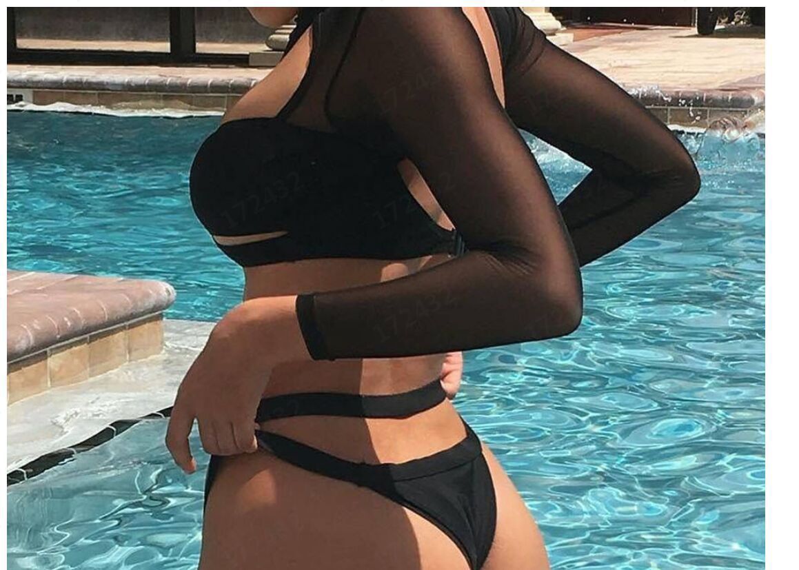 Black Mesh Cut-Out Long-Sleeve Bikini Set