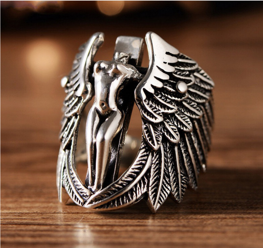 Vintage Silver Guardian Angel Ring with Cross & Wings